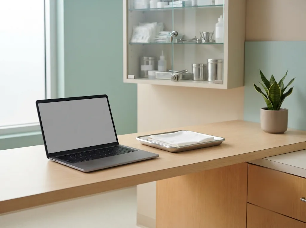 A tidy clinic workspace — a closed laptop and a stainless instrument tray on a pale wood counter, with a glass-front cabinet of supplies behind