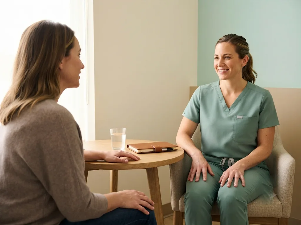 A nurse practitioner and a client seated at a small table in a bright consultation room, talking, with a glass of water and a closed notebook between them