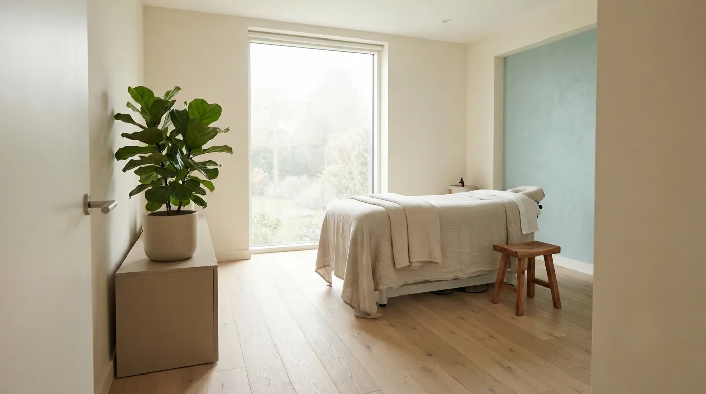 A calm treatment room with a linen-draped bed, a wooden stool, a potted fig by the window, and a pale seafoam accent wall
