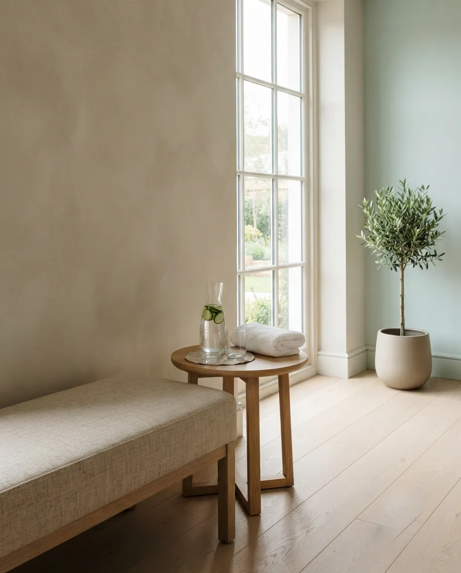 A quiet corner of the clinic — a linen bench beside a tall window, a carafe of cucumber water and folded towel on a round oak table, and a potted olive tree against a pale seafoam wall