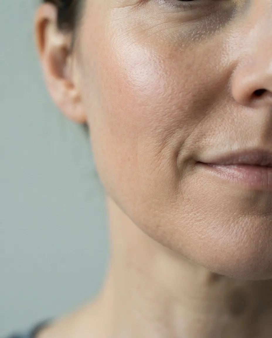 The same cheek and jaw after a facial course — clear, even skin in identical lighting