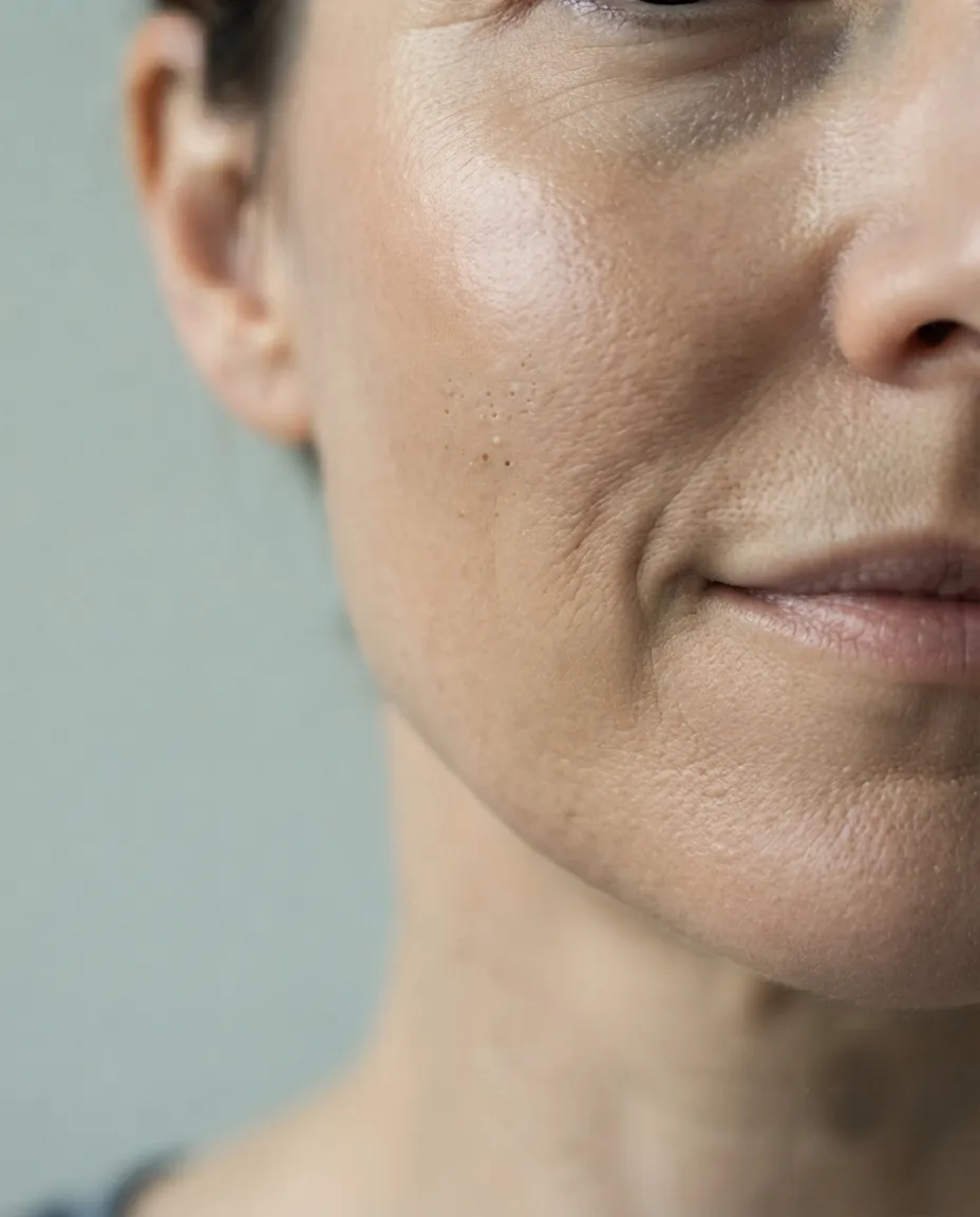 A close three-quarter view of a cheek and jaw showing congestion and uneven tone before treatment