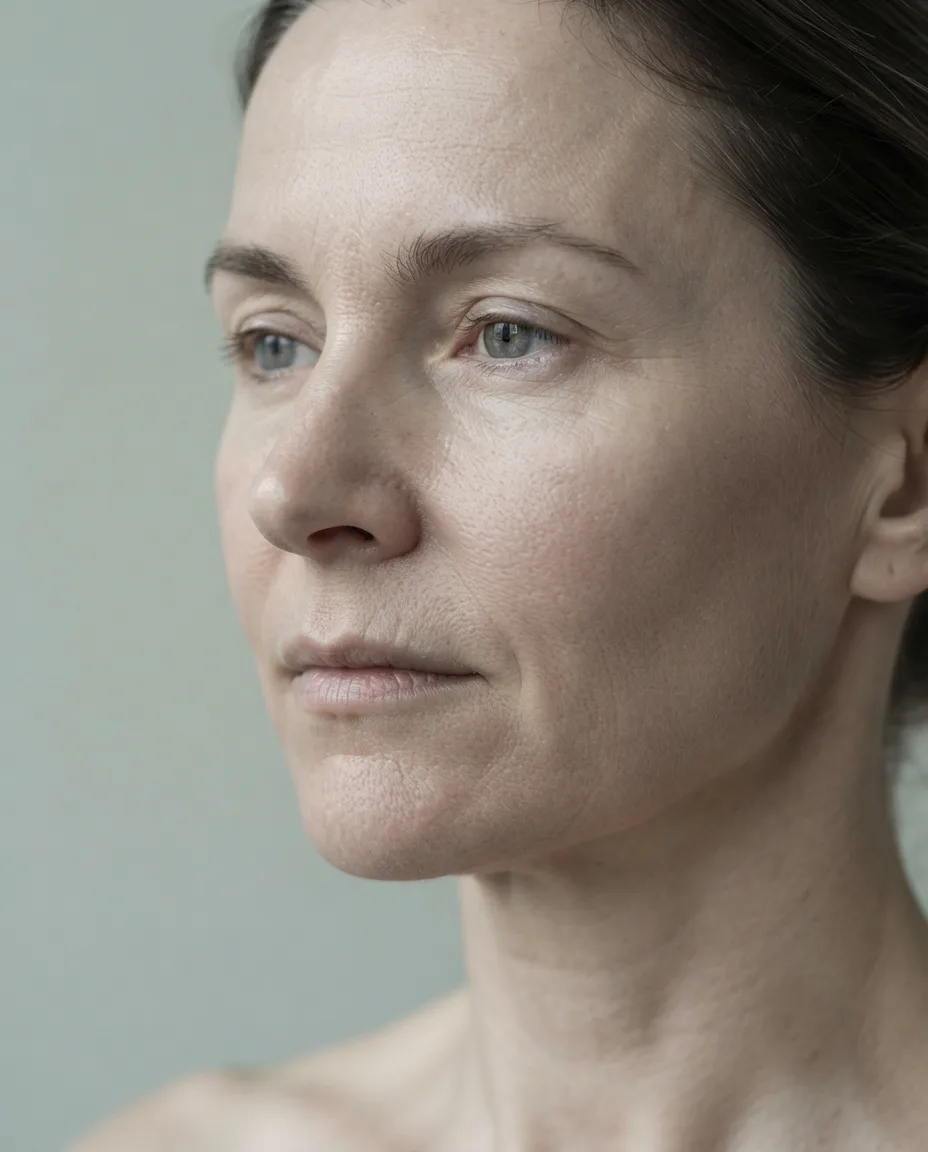 The same face after one syringe of filler — midface volume softly restored, in identical lighting