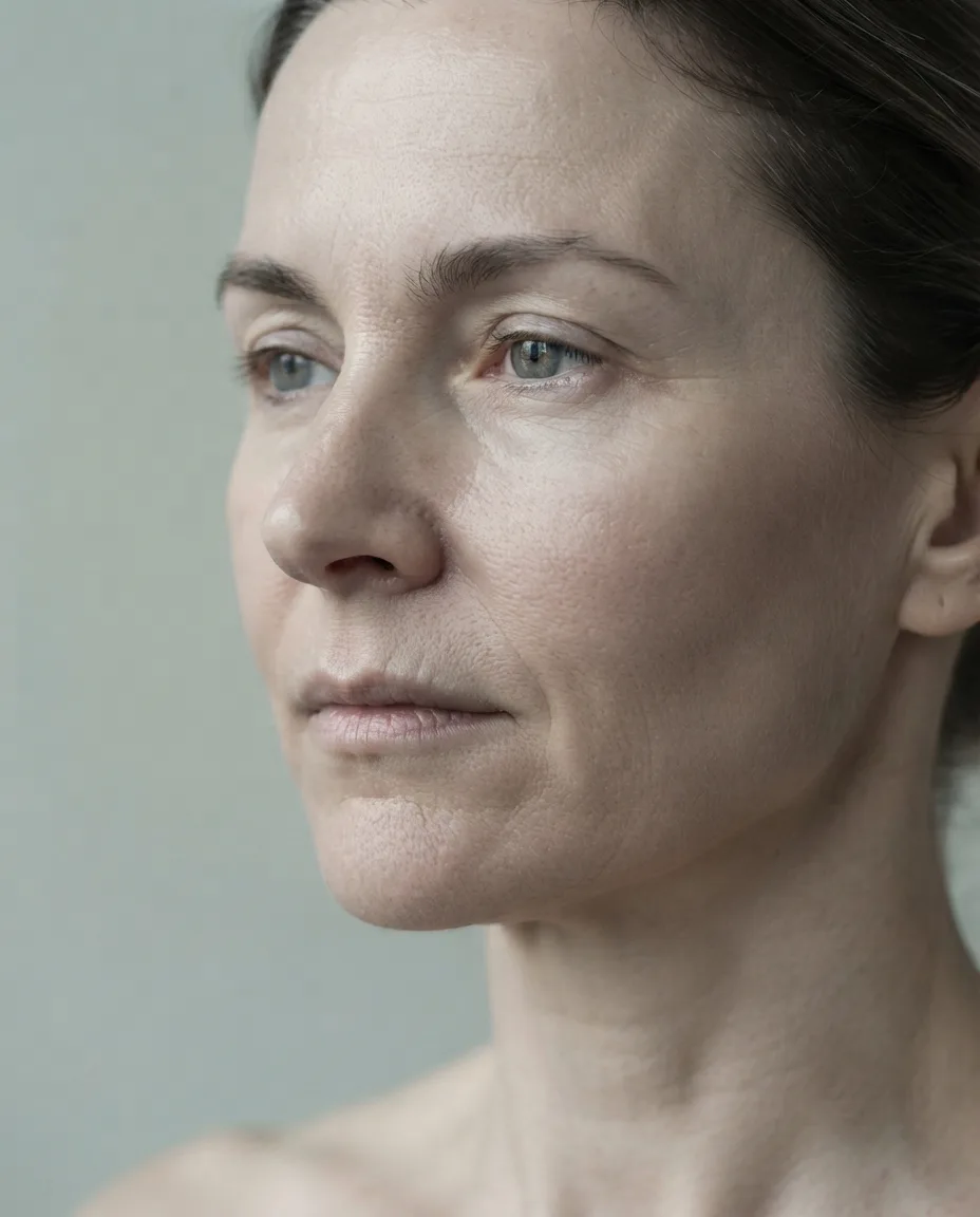 A three-quarter portrait showing flatter midface volume before filler