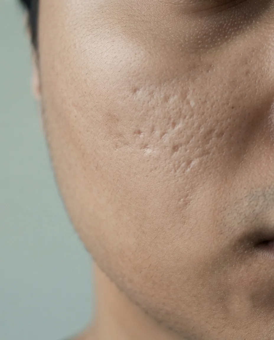 The same cheek after a microneedling series — smoother texture with softened scarring, in identical lighting