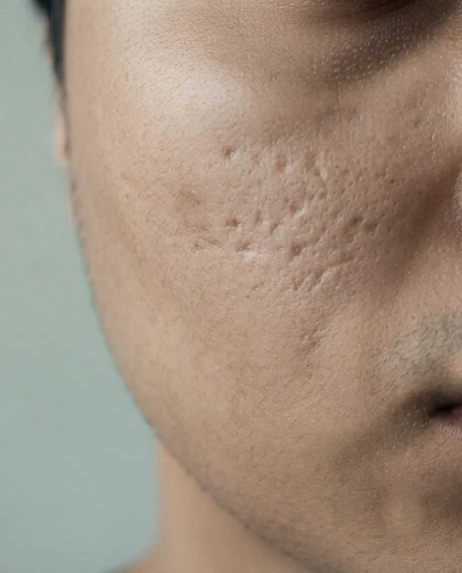 An extreme close-up of a cheek with rolling acne scarring and uneven texture before microneedling