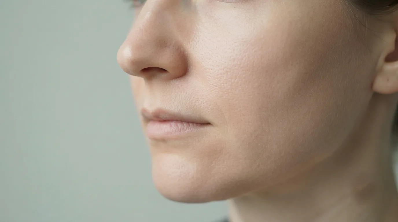 The same face after twelve weeks — redness resolved and skin tone even, in identical lighting