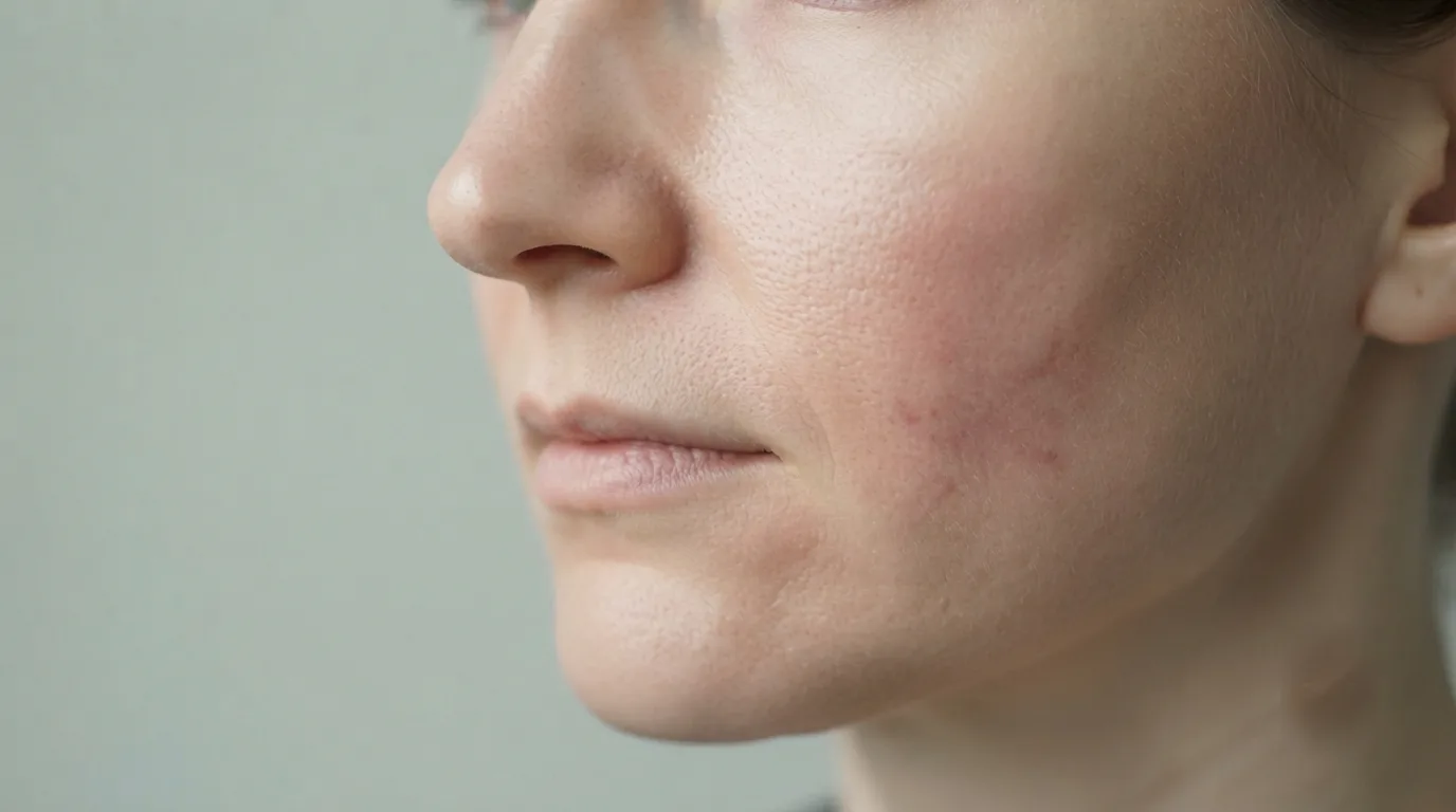 A wide close view of a cheek and jaw showing redness and congestion before twelve weeks of treatment