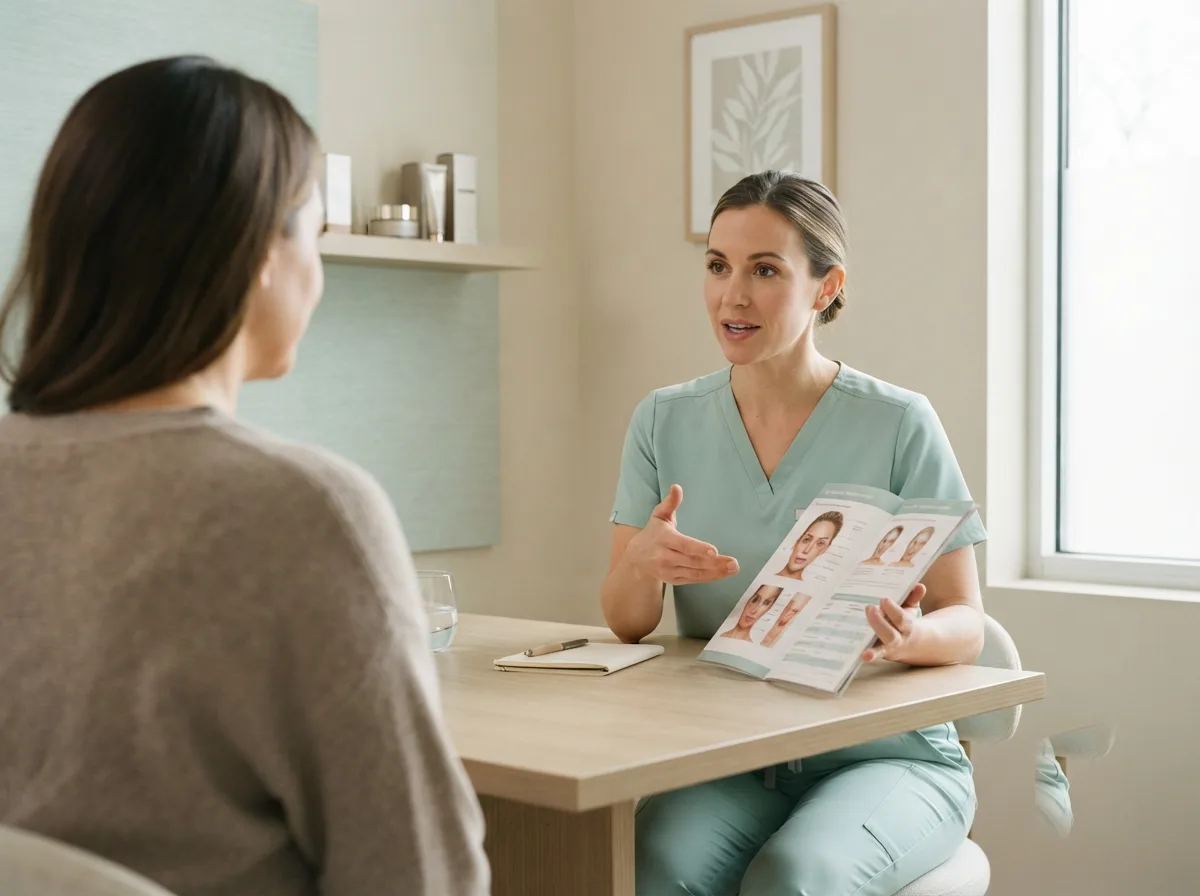 A nurse practitioner in seafoam scrubs talking a client through a skin chart across a consultation table