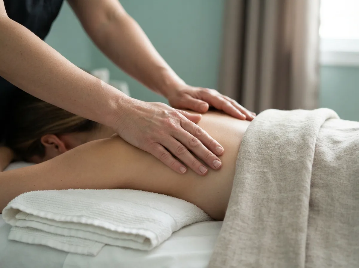 A therapist's hands working across a client's upper back during a massage, folded white towels beside the table