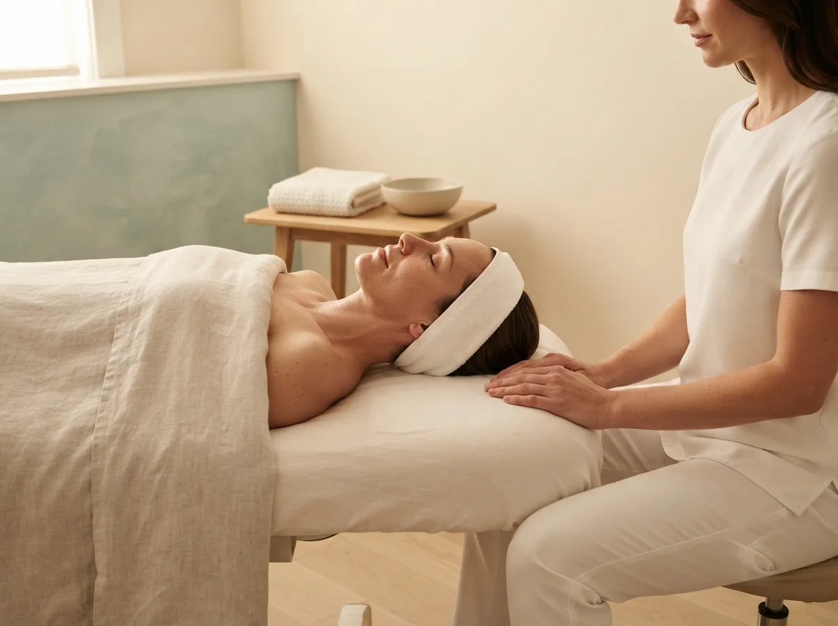 A client resting on a linen-draped treatment bed with a towel wrapped at the hairline, an esthetician seated beside them in a bright treatment room