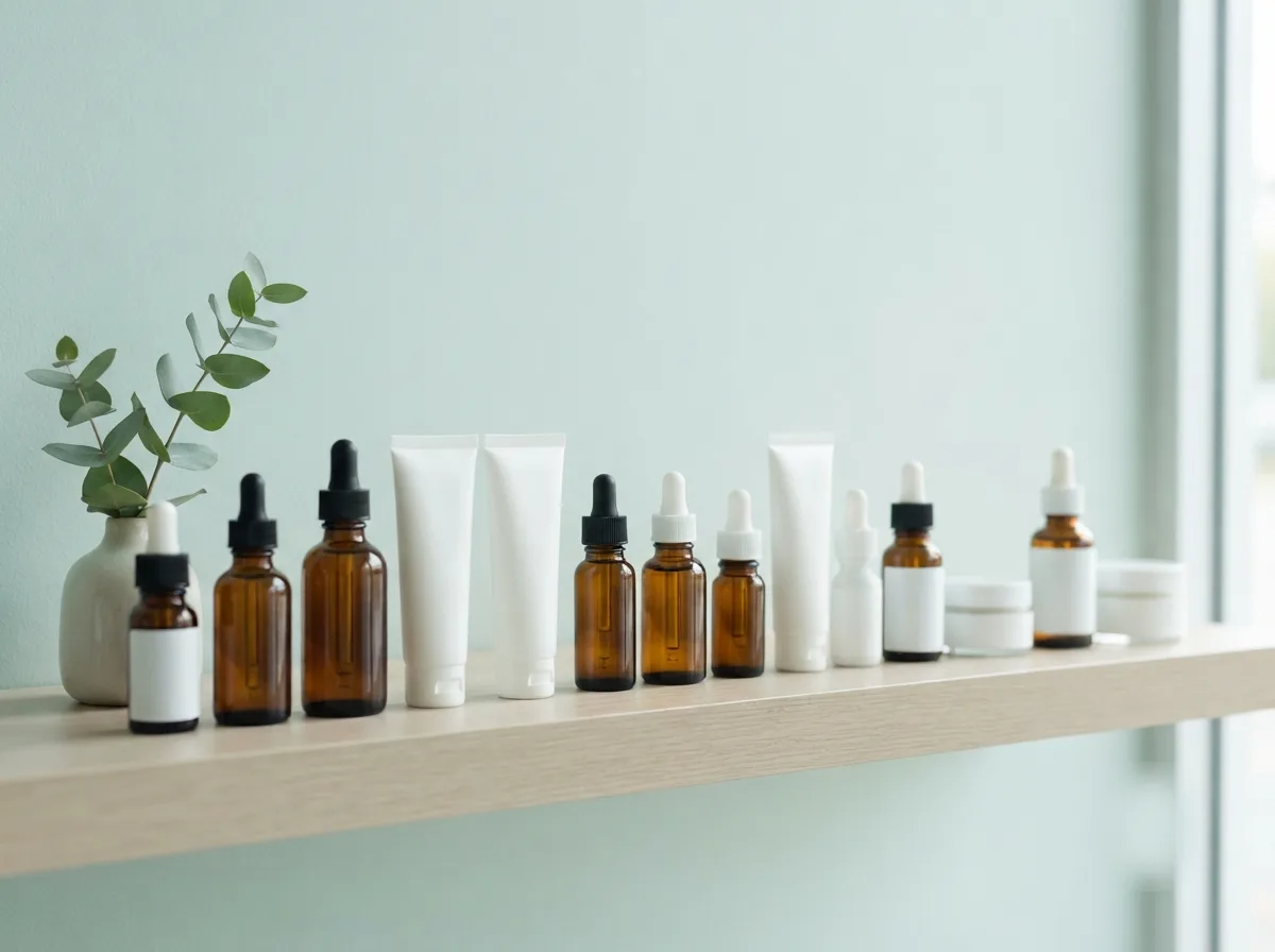 A row of unlabeled amber and white skincare bottles on a pale shelf beside a sprig of eucalyptus