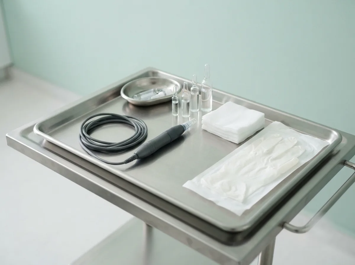 A stainless instrument tray laid out with a microneedling pen, glass ampoules, folded gauze and sealed gloves