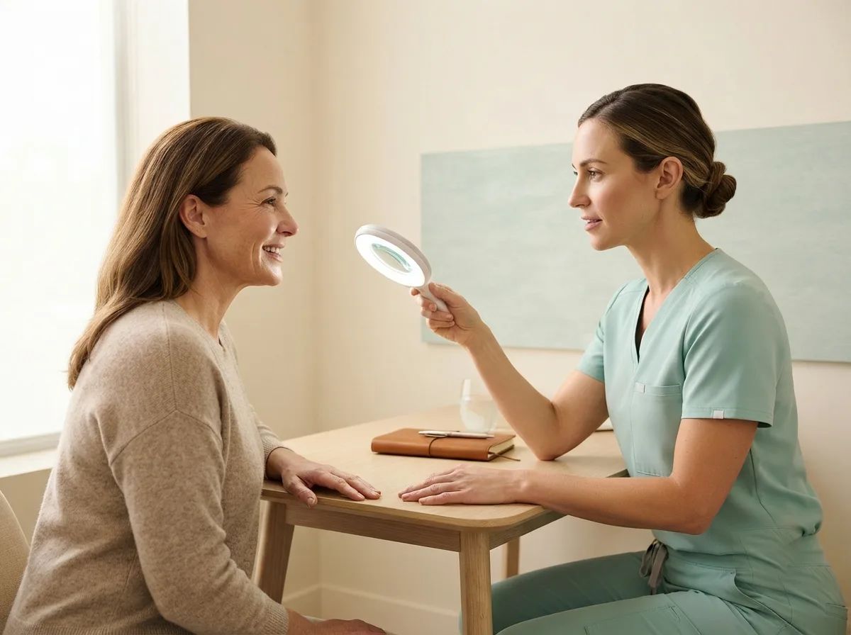 A nurse practitioner in seafoam scrubs holding a magnifying light as she examines a seated client's skin across a small table